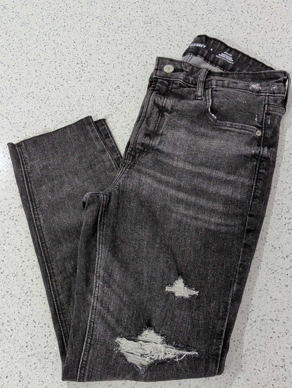 Old Navy High Rise Black Washed Rockstar Skinny Jeans with Distressed Knees